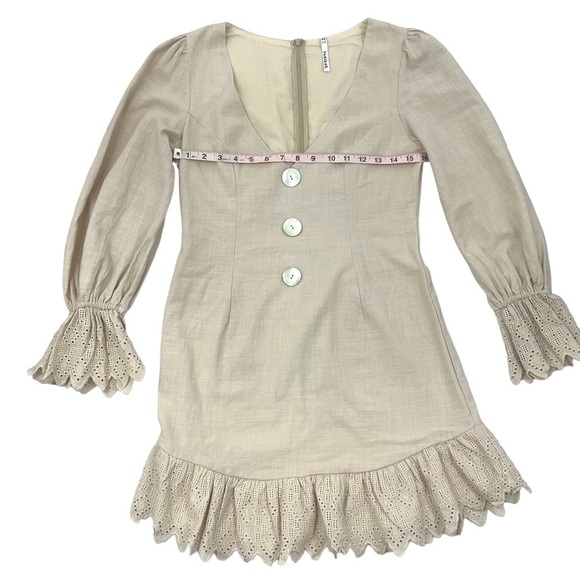 INDIKAH by Angel Biba Nude Low Cut U-neck Ruffle Linen Blend Mini Dress Medium - Picture 7 of 14
